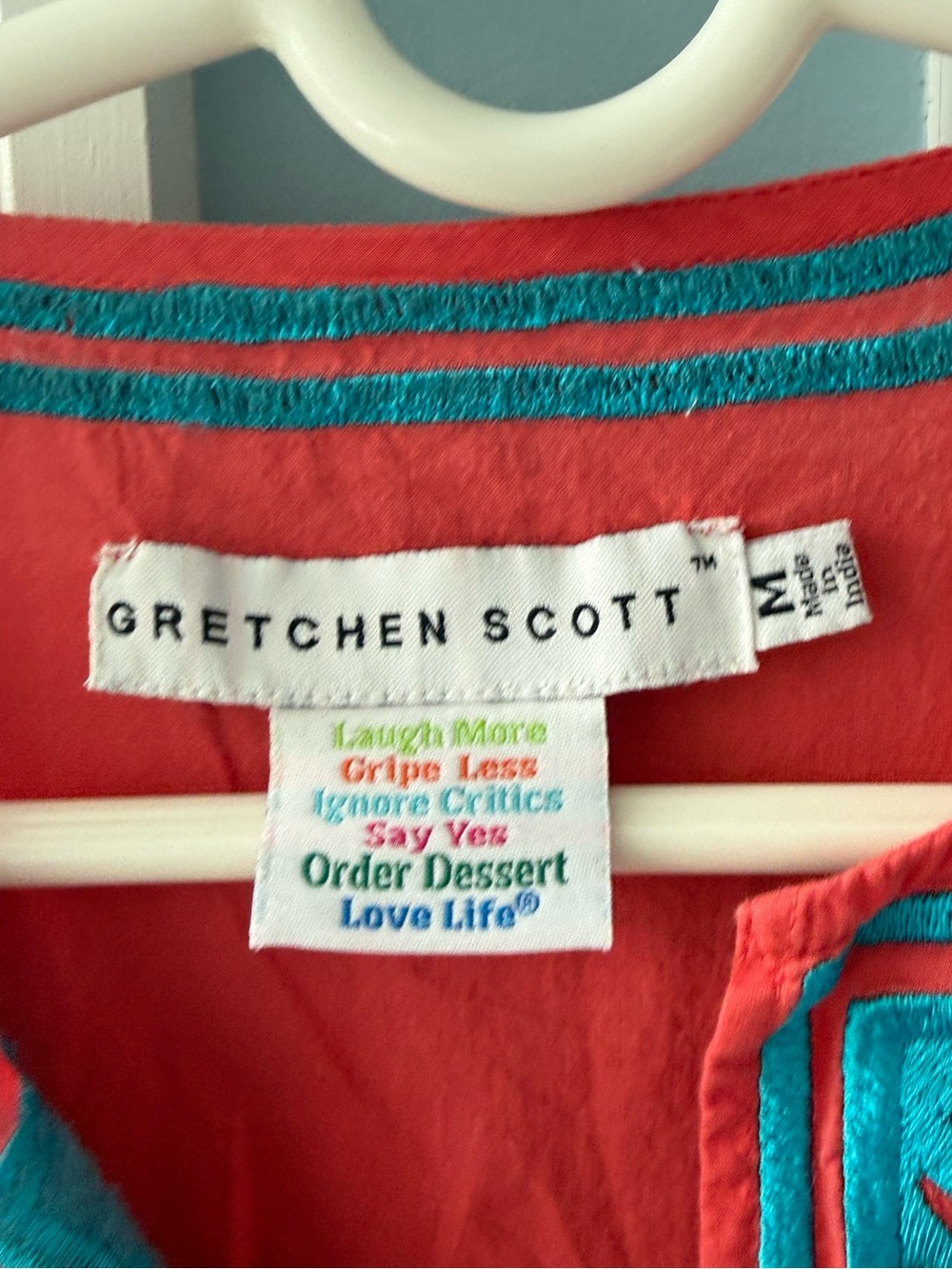 Gretchen Scott Coral Tunic with Turquoise Embroidery Accents - Ladies Medium - Picture 3 of 7